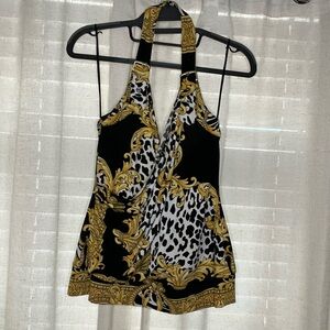 Black and gold halter top with leopard print, adjustable halter strap
